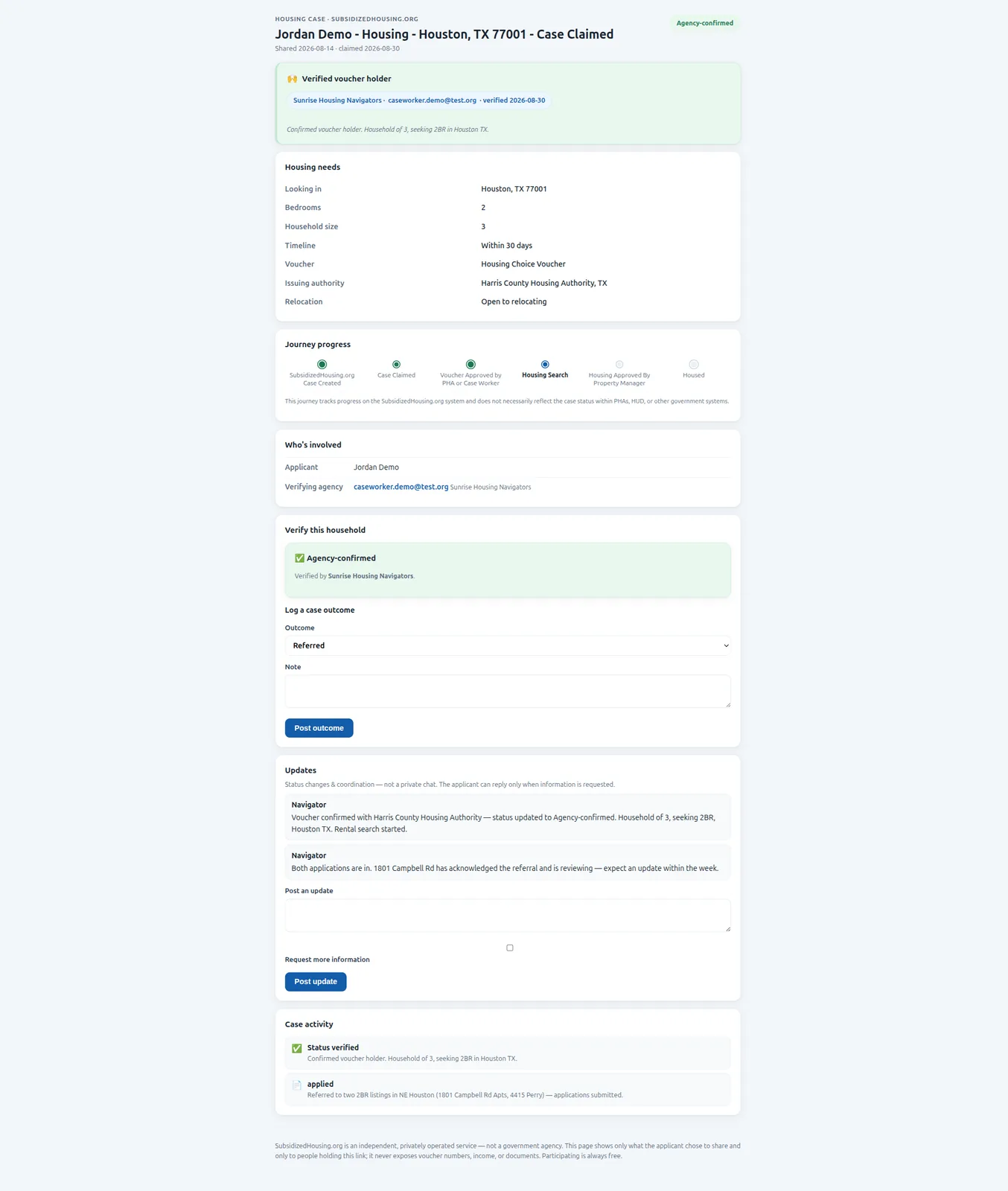 Case worker view of a verified housing case