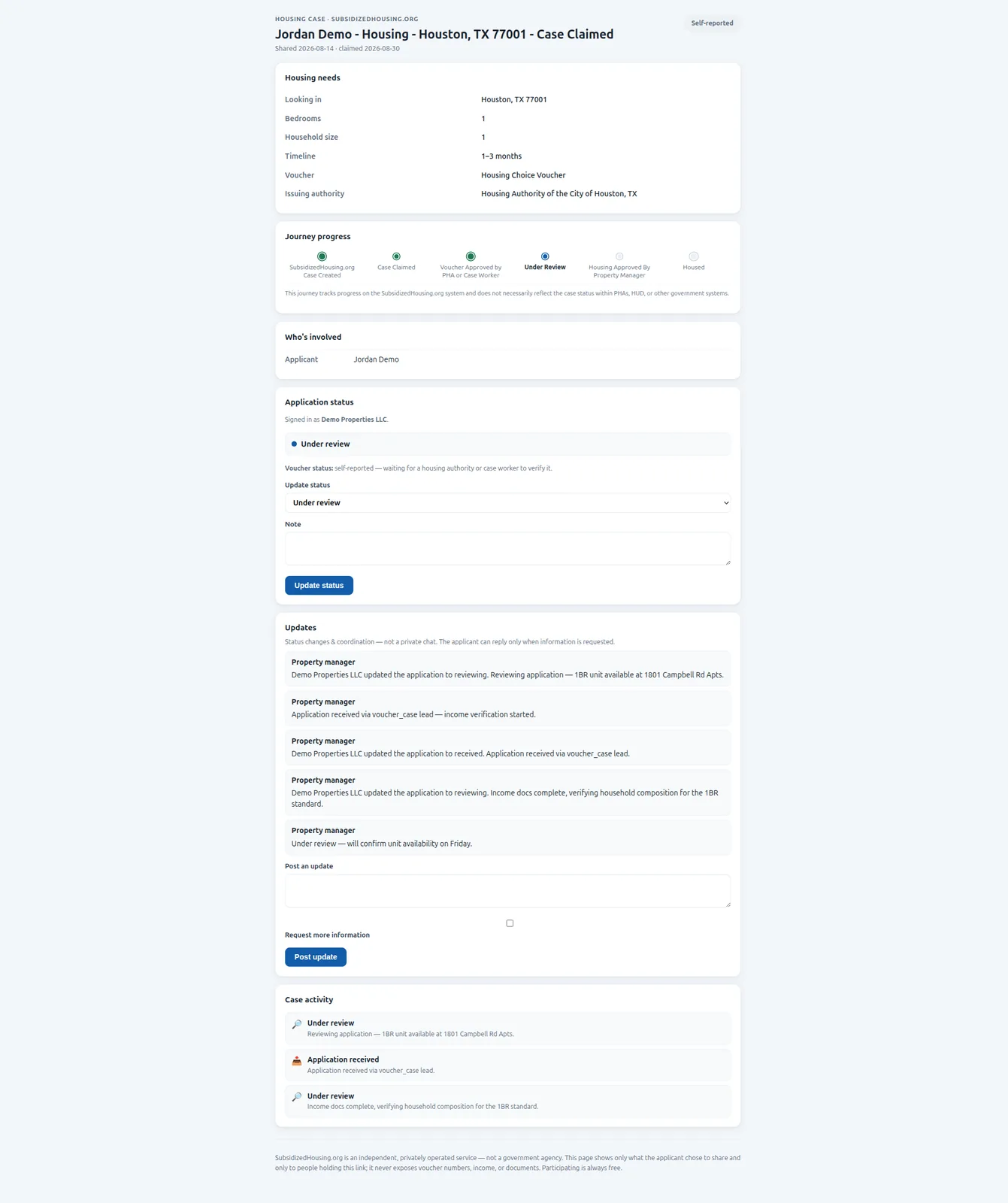 Property manager under-review status on a case