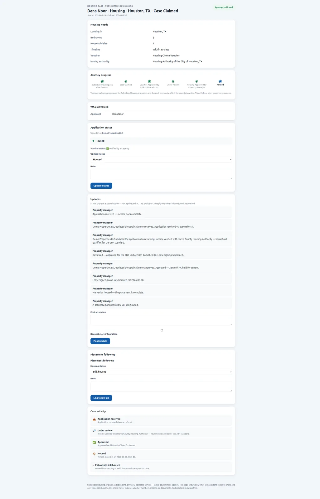 Housed case with placement follow-up