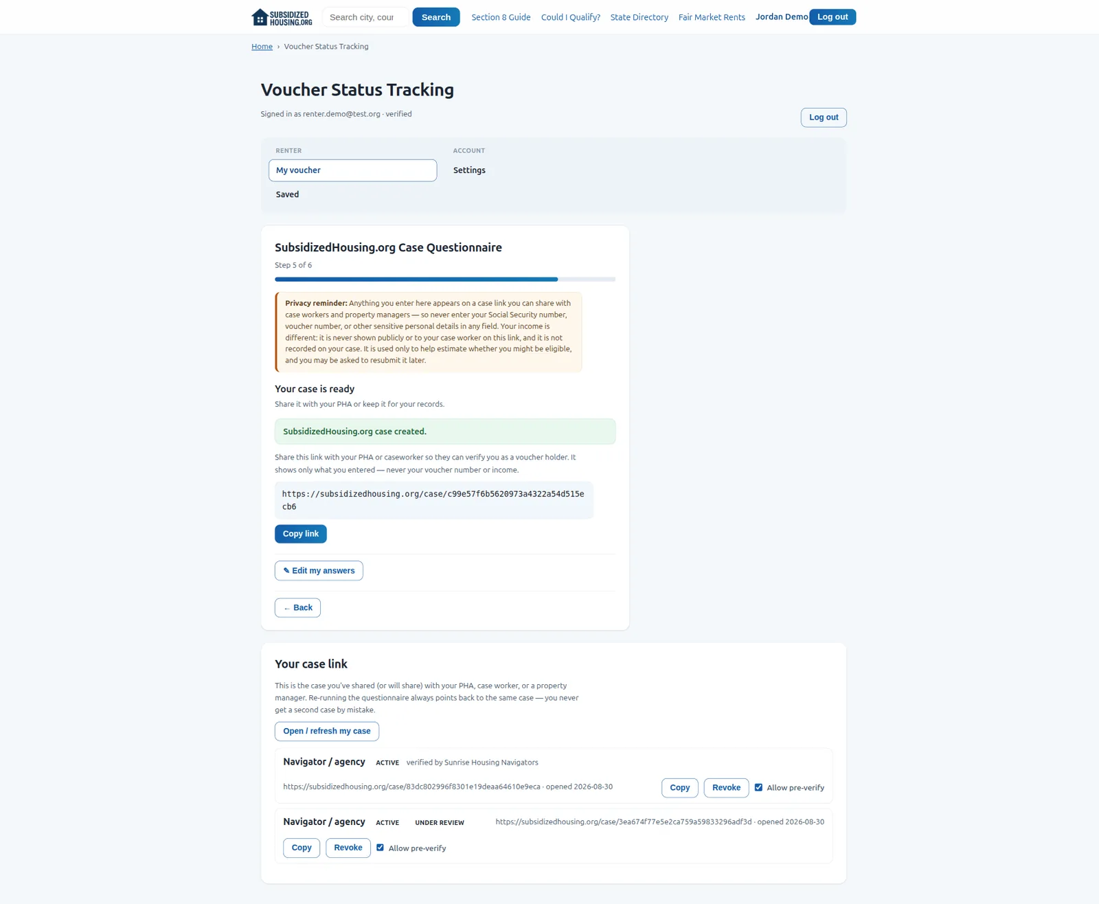 Renter dashboard with saved case links